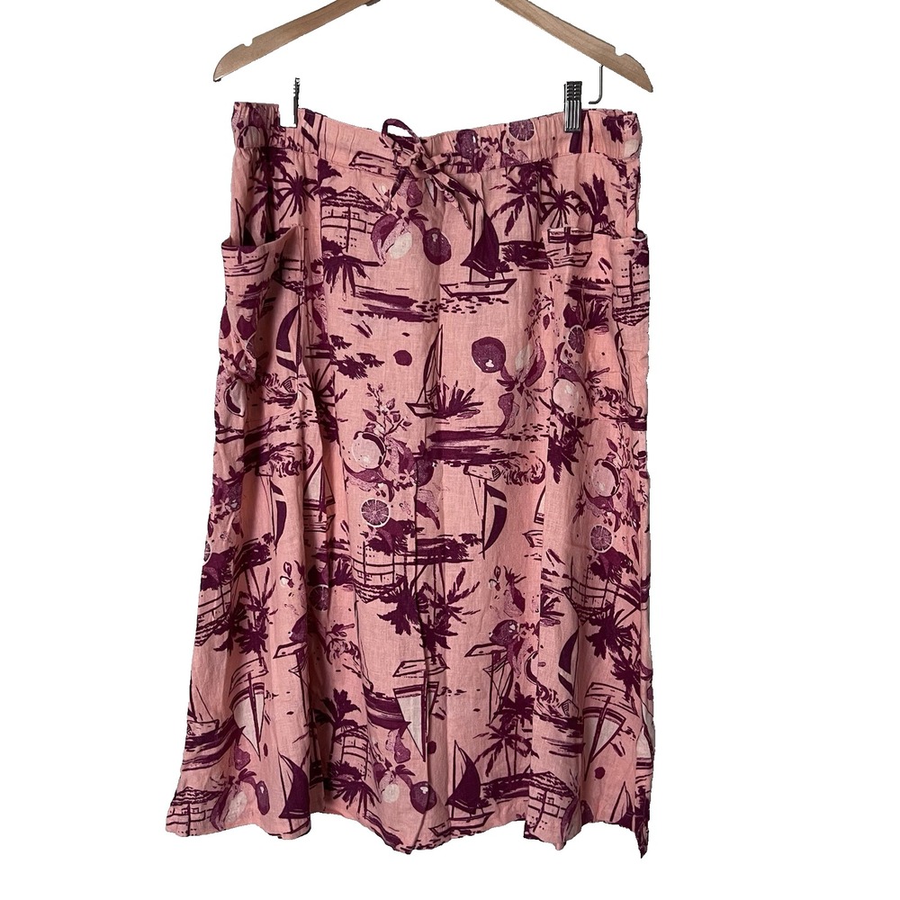 Denim & Co. Naturals Linen Blend Pink Tropical Midi Skirt Size Large Petite